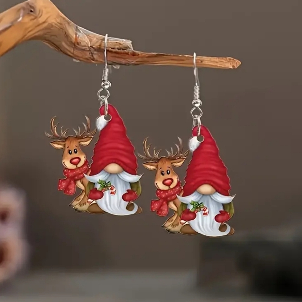 Festive Christmas Reindeer & Gnome Dangle Acrylic Earrings. NWOT